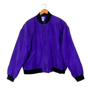 Vintage 80s CLIO 100% Silk Purple Bomber Jacket Sz L Quilted Quiet Luxury Y2K